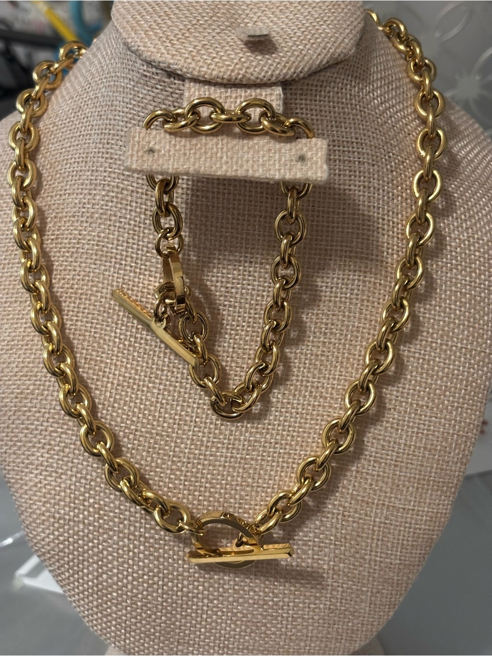 Gold Toggle Link Necklace and Bracelet set- Women Jewelry